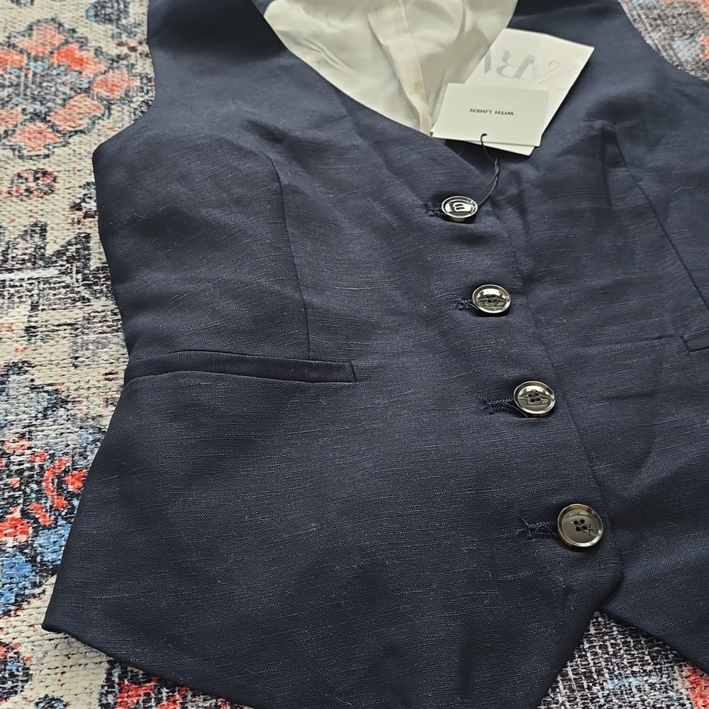 NWT ZARA Navy Blue Linen Vest - Picture 6 of 6